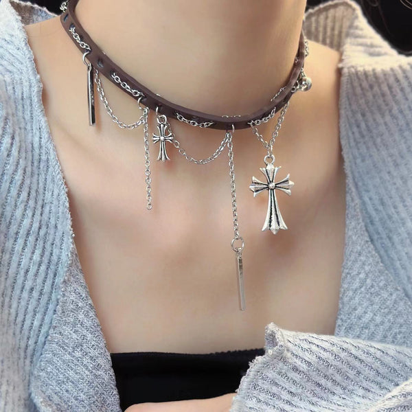 Cross PU leather metal chain patchwork choker necklace