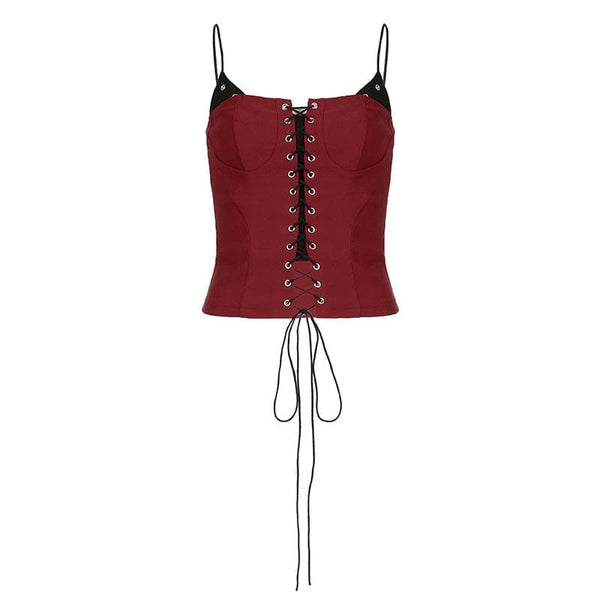Patchwork lace up contrast cami top