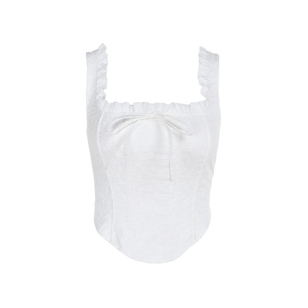 Ruched smocked textured bustier ruffle top