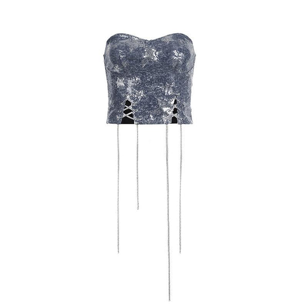 Glitter denim star pattern metal chain tube top