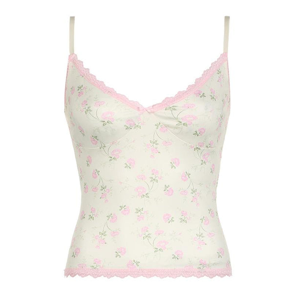 V neck lace hem flower print ruched bowknot cami top