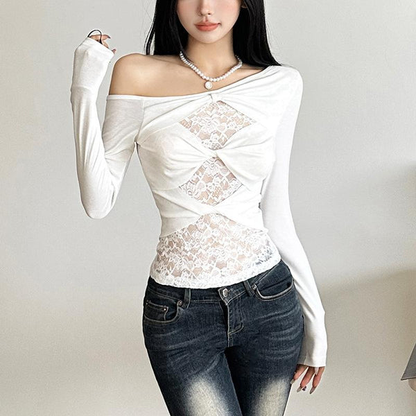 Off shoulder long sleeve lace patchwork top