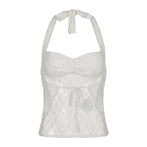 Halter lace see through ruched top