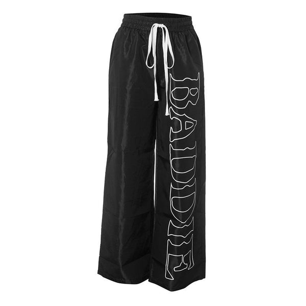 Drawstring self tie letter print medium rise pocket pant