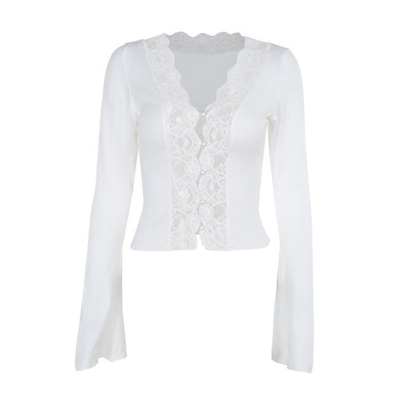 Long sleeve v neck lace hem button top