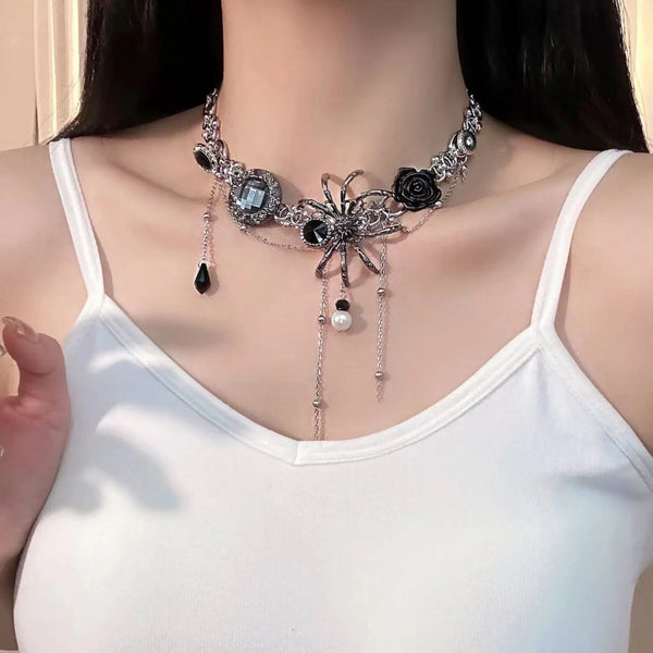 Spider rose beaded metal chain choker necklace