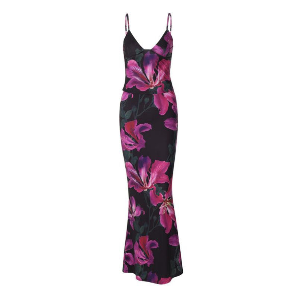 Flower print v neck contrast cami maxi skirt set