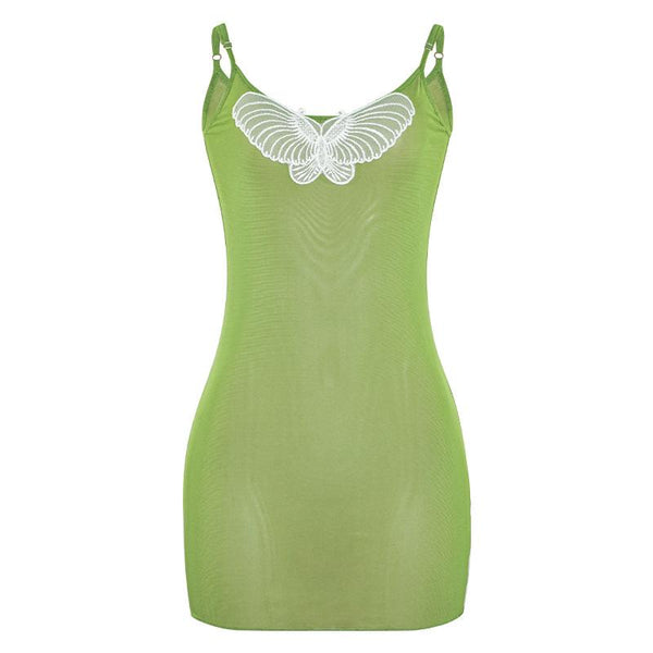 U neck butterfly embroidery sheer mesh cami mini dress