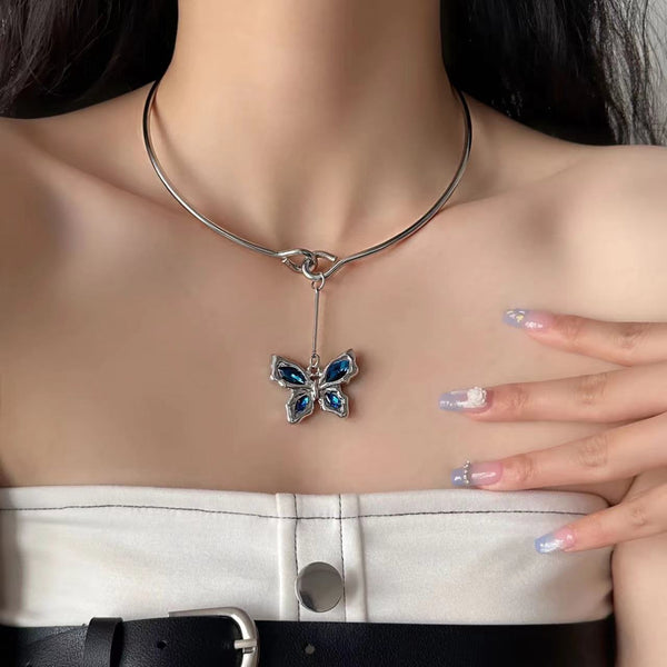 Butterfly pendant blue rhinestone choker necklace