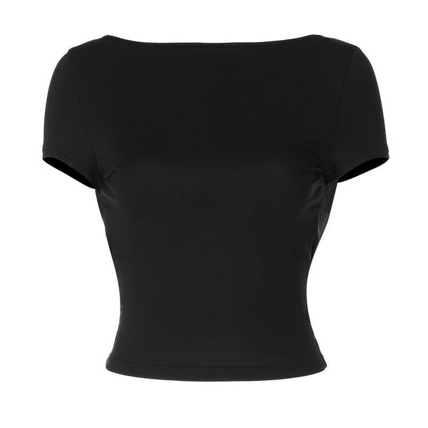 Short sleeve round neck solid backless top