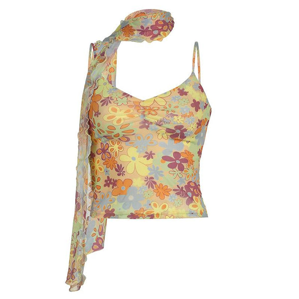 V neck flower print ruffle backless cami top