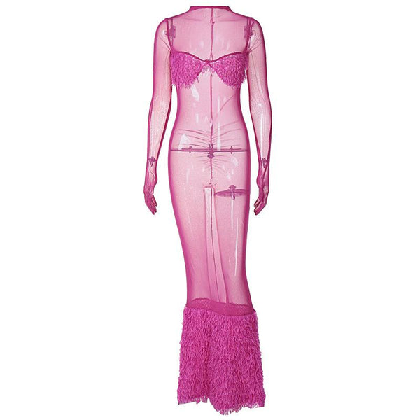 Long sleeve gloves high neck feather mesh see through maxi dress