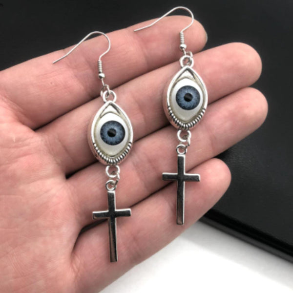 Blue eyes decor cross pendant drop earrings