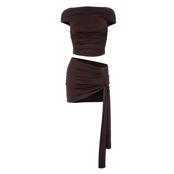 Short sleeve ruched ruffle mini skirt set