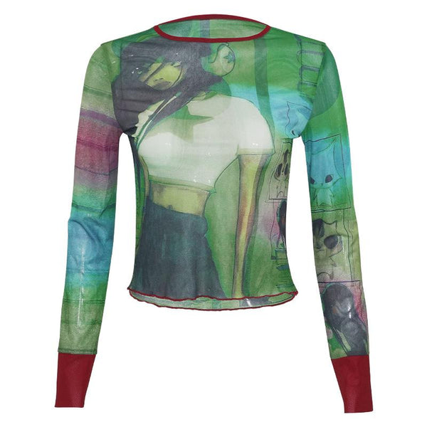 Crewneck long sleeve sheer mesh character print top