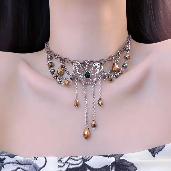 Butterfly decor crystal pendant choker necklace
