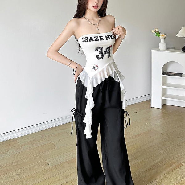 Ruffle letter print irregular backless tube top