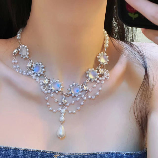 Faux pearl layered rhinestone choker necklace