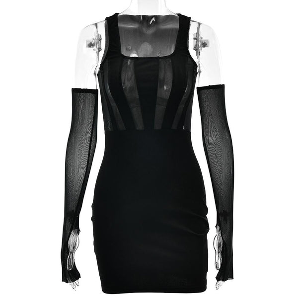 Square neck gloves mesh patchwork velvet mini dress