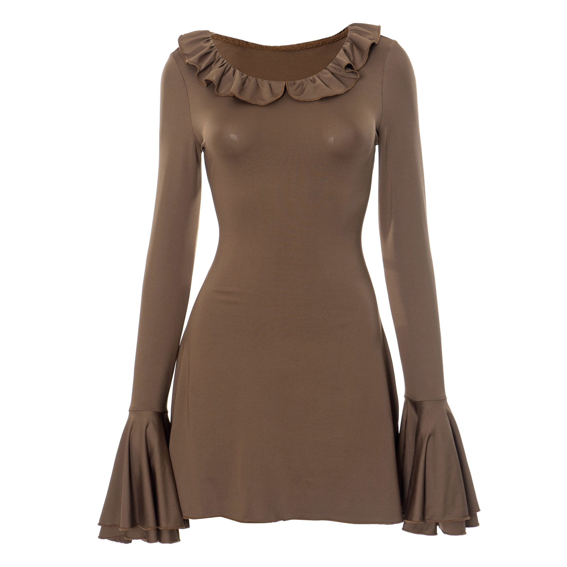 Long flared sleeve ruffle round neck ruched mini dress – MUDSWEET