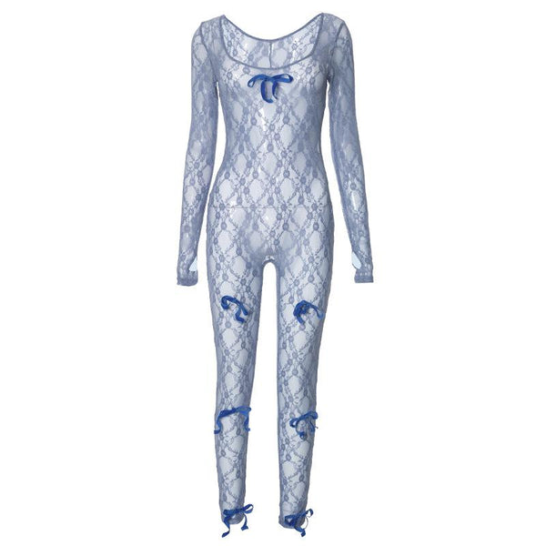 Long sleeve see through bowknot lace jumpsuit