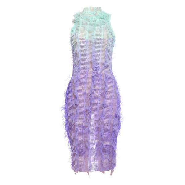 Gradient tassels hollow out see through crewneck midi dress