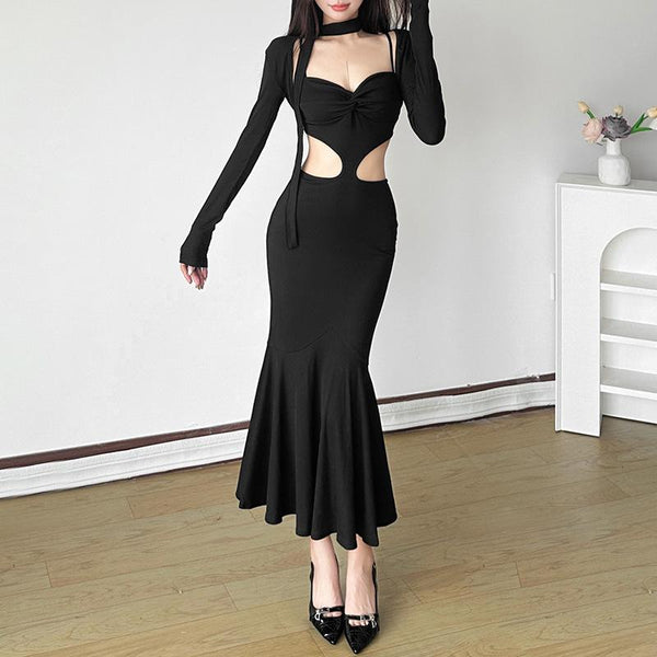 Long sleeve sweetheart neck shrug 2 piece hollow out maxi dress