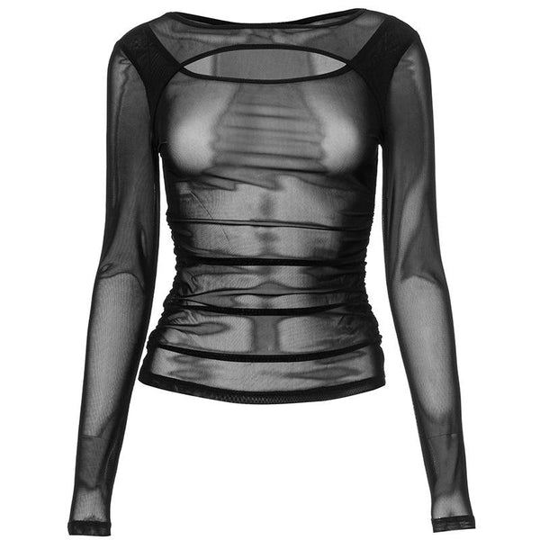 Long sleeve ruched sheer mesh solid top