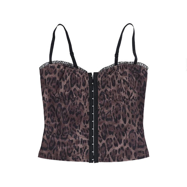 V neck leopard print ruffle backless cami top