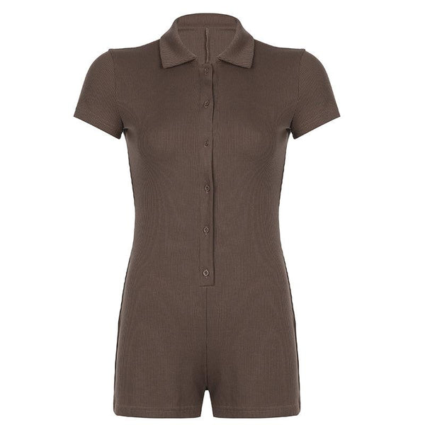 Turnover collar ribbed button romper