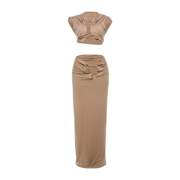 Sleeveless hollow out ruched slit solid maxi skirt set