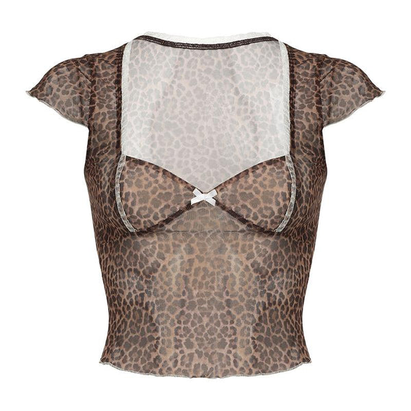 Leopard print short sleeve bowknot mesh top