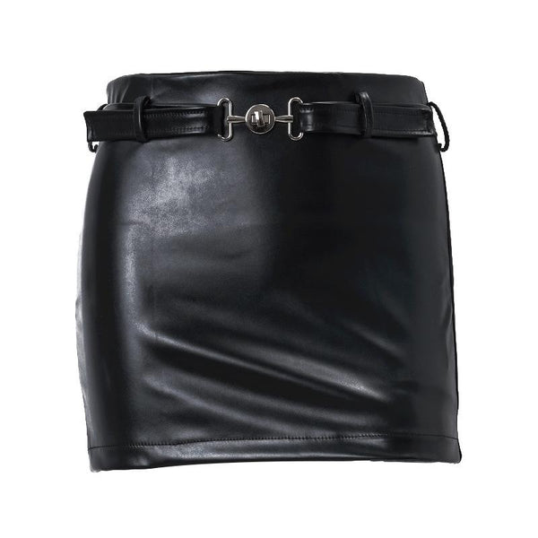 PU leather zip-up A line solid mini skirt