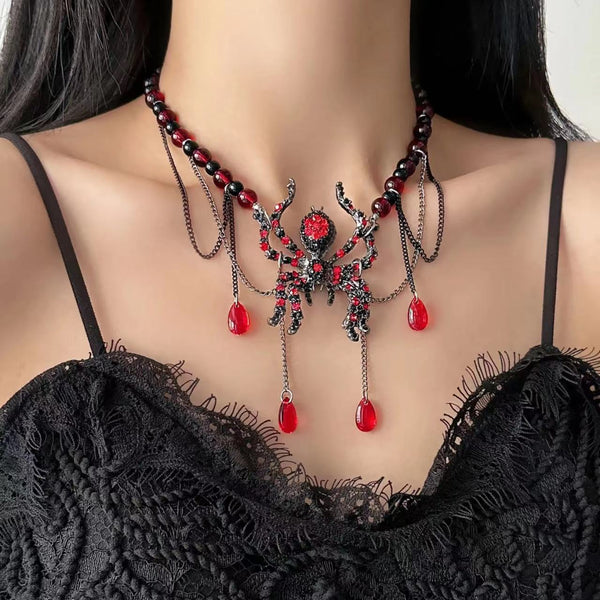 Spider pendant red metal chain layered necklace