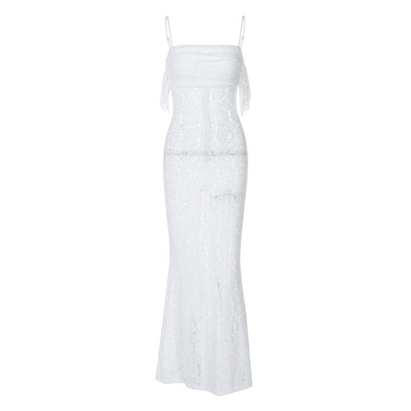 Lace ruched ruffle see through zip-up cami maxi dress