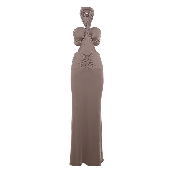 Halter ruched backless tube 2 piece maxi dress