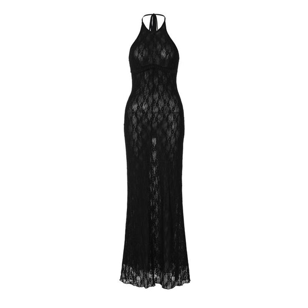 Halter backless ruffle lace maxi dress