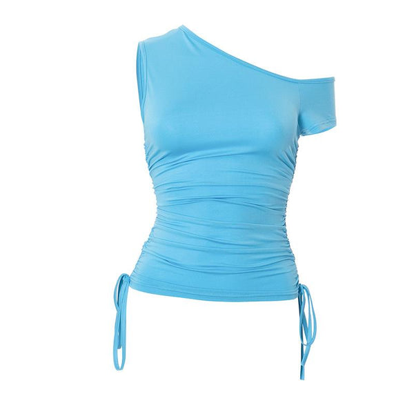 Short sleeve one shoulder ruched drawstring top