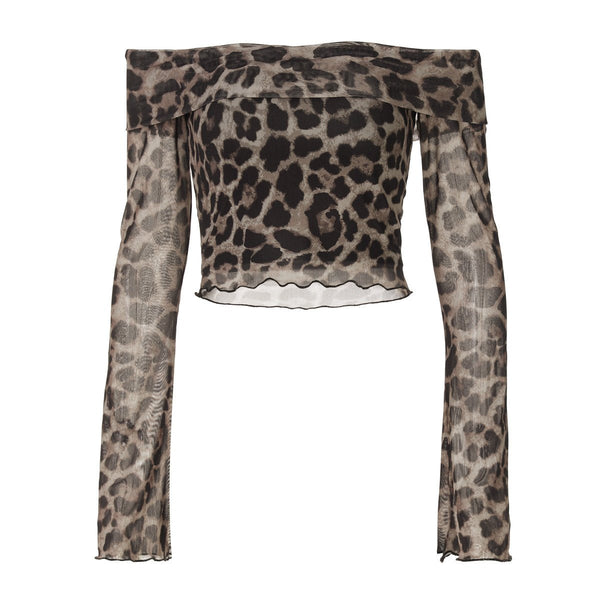 Long sleeve off shoulder leopard print ruffle top