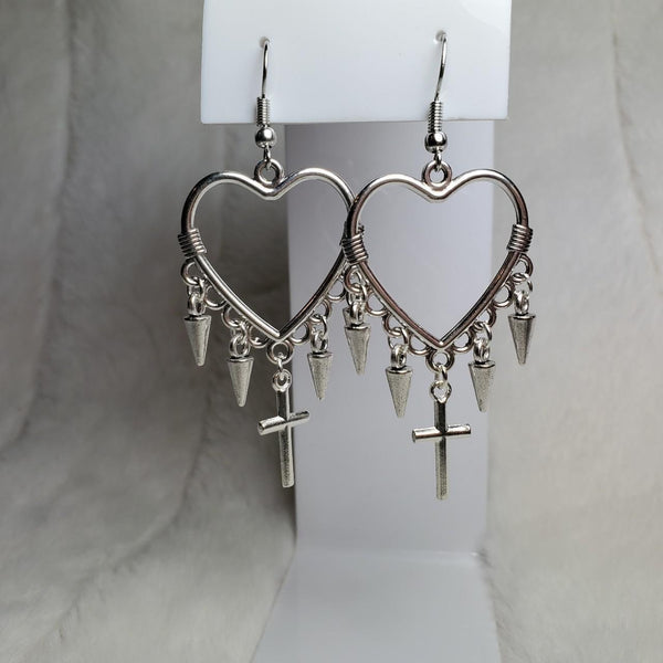 Heart ring layered rivet pendant drop earrings
