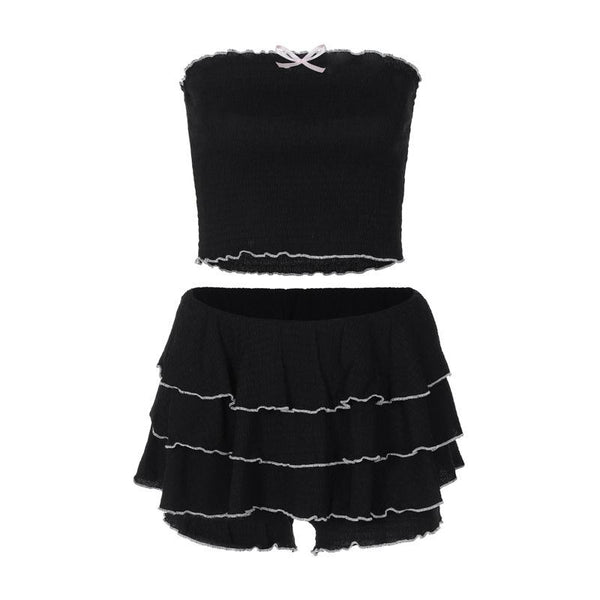 Bowknot ruched ruffle tube mini skirt set