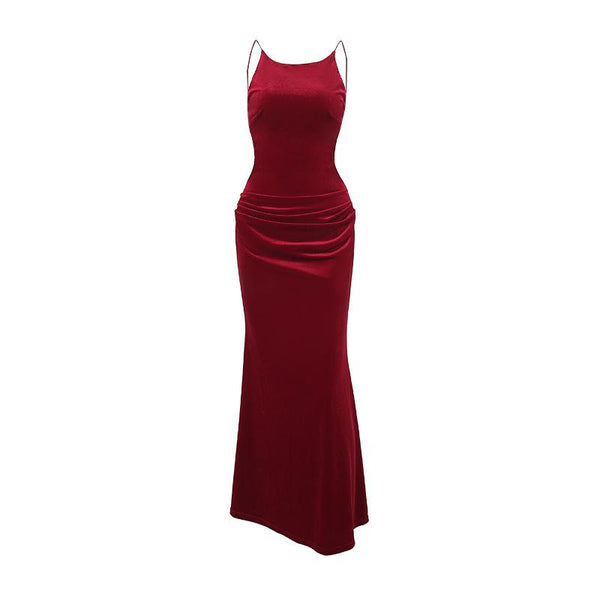 Self tie velvet ruched spaghetti strap maxi dress