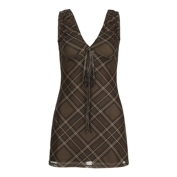 V neck plaid knotted ruched tank mini dress