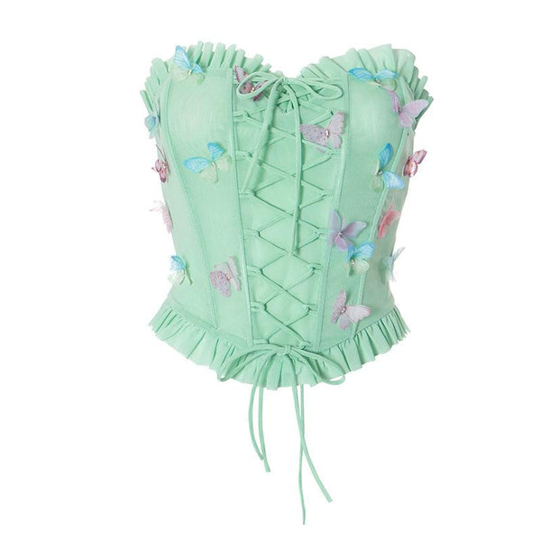 Sweetheart neck butterfly applique mesh lace up tube top