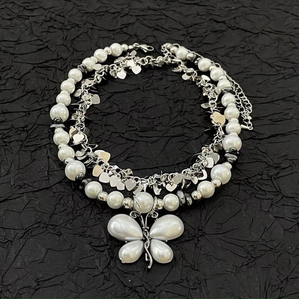 White butterfly decor faux pearl choker necklace