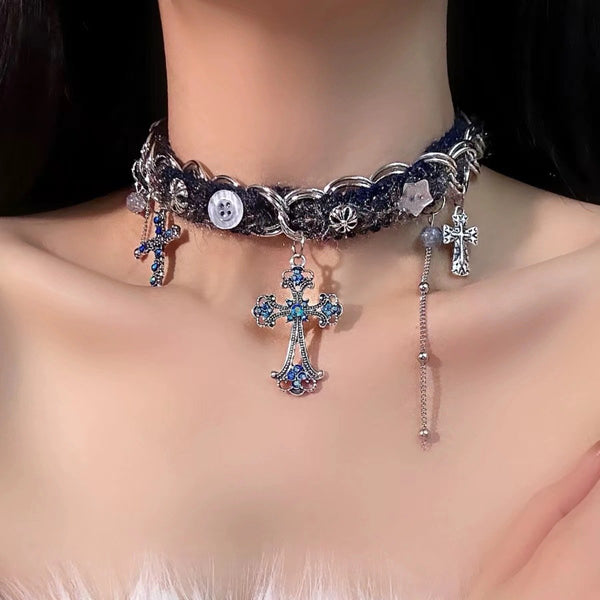 Cross pendant button decor choker necklace
