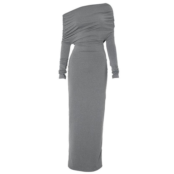 Long sleeve ruched one shoulder irregular maxi dress