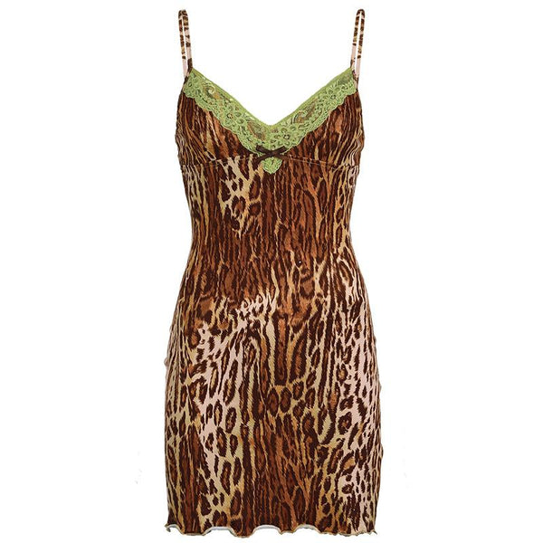 Leopard print lace hem bowknot cami mini dress