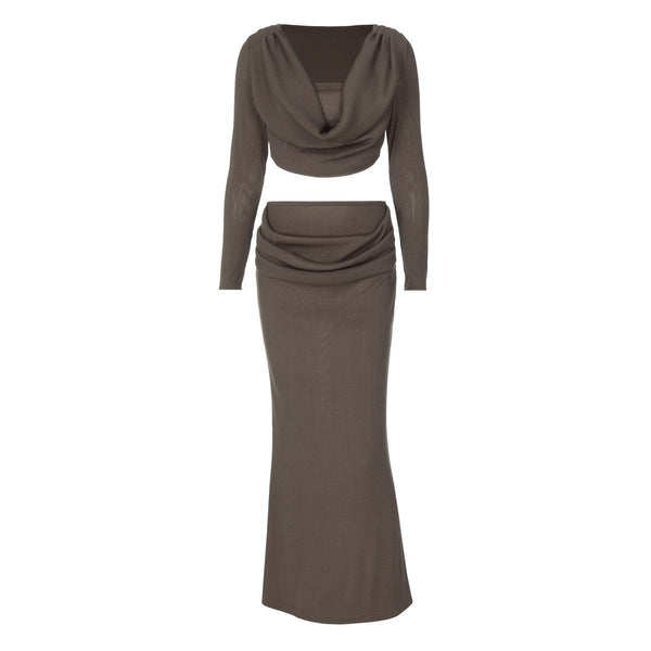 Long sleeve cowl neck ribbed maxi skirt set