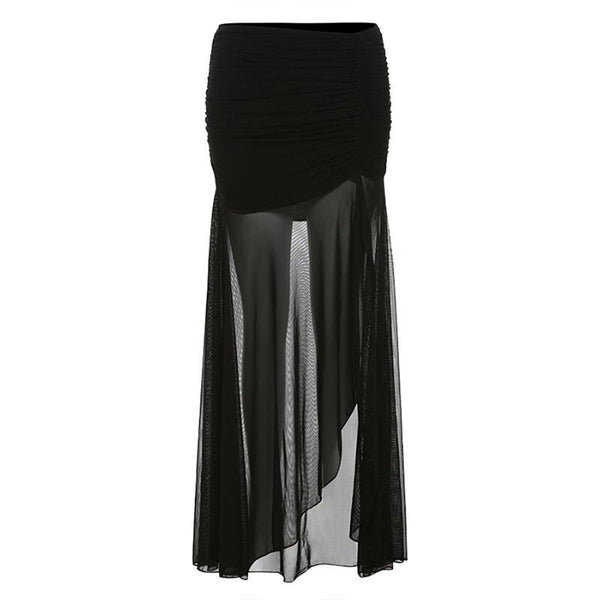 Mesh ruffle ruched slit solid maxi skirt